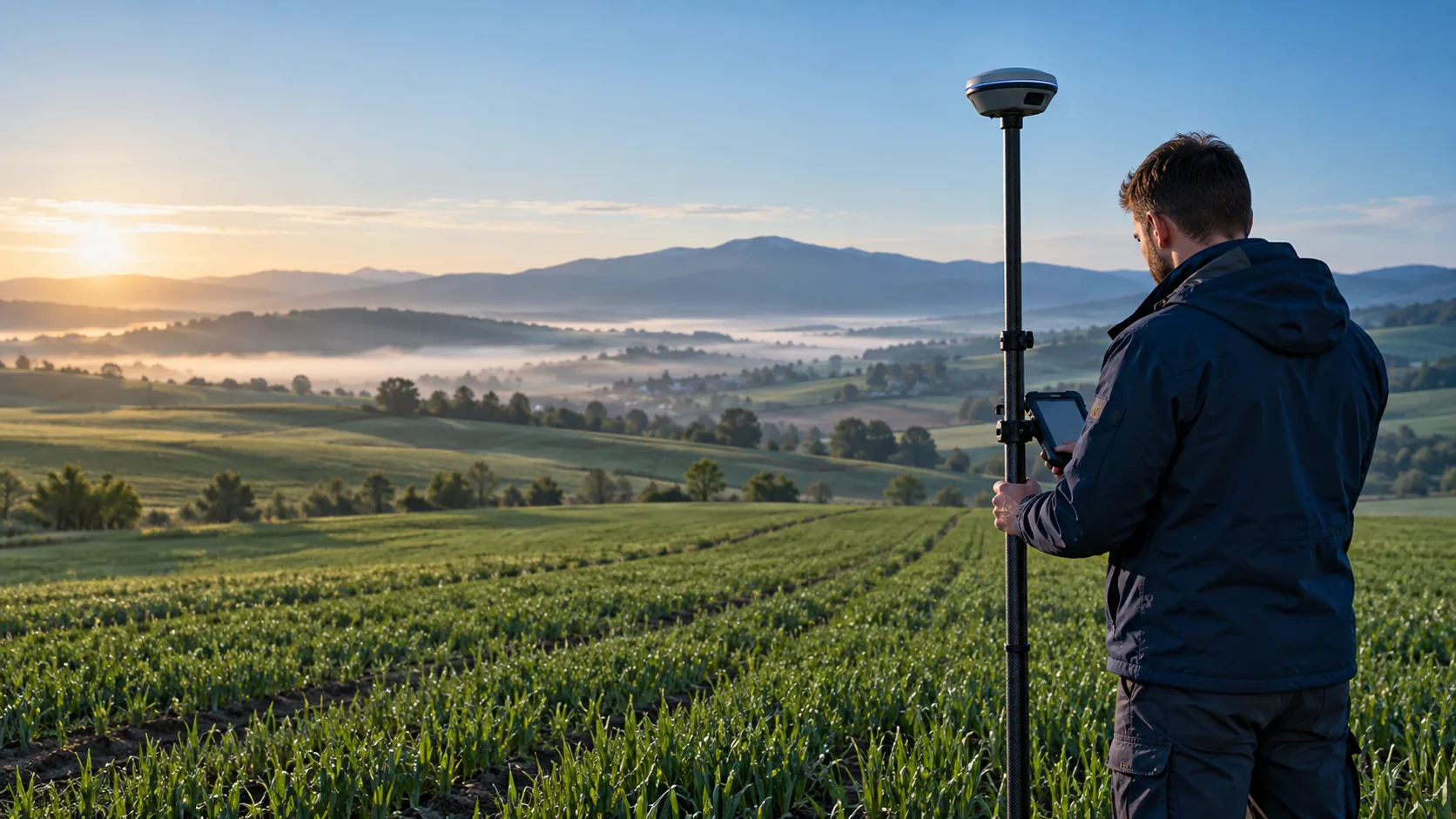 Topograf folosind un receiver GNSS pe teren agricol